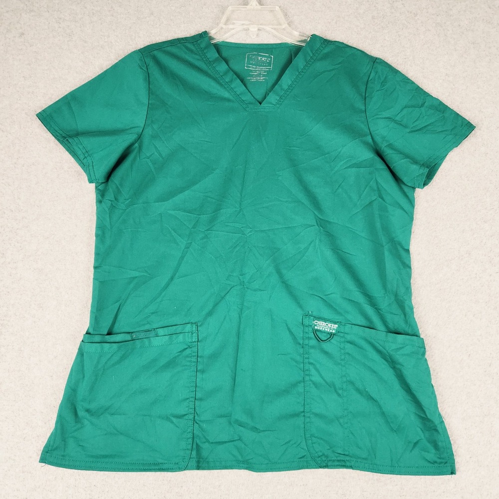 Cherokee Scrub Top Womens Medium Green Workwear Revolution V-Neck Stretch Pocket
